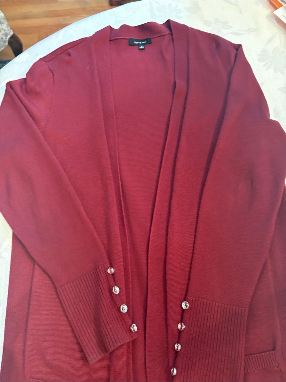 Vero Moda Burgundy Open-Front Long Cardigan with Button Detail